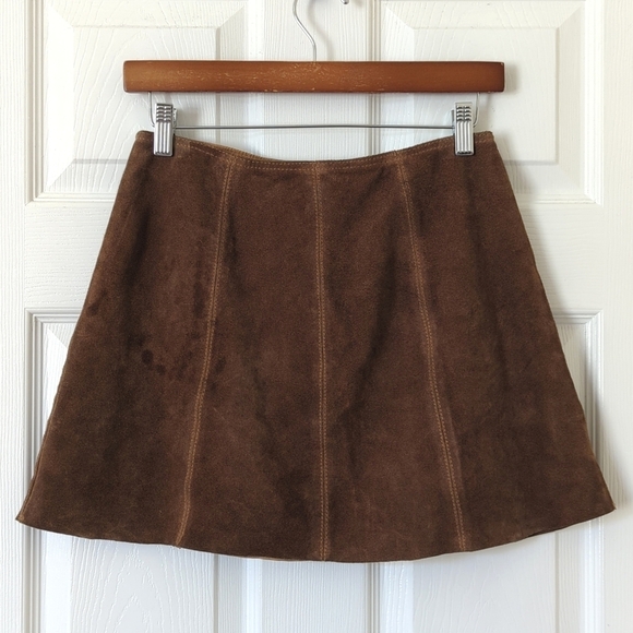 90's Vintage Suede Leather High Waisted A-Line Button Front Mini Skirt Brown S - Picture 6 of 8